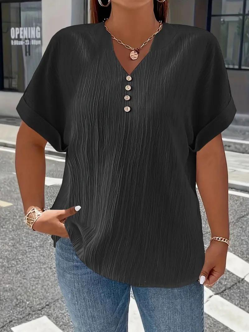 

Women s Textured Button Decor Plus Size Top Casual V Neck Batwing Short Sleeve Tunic T Shirt 1XL чёрный