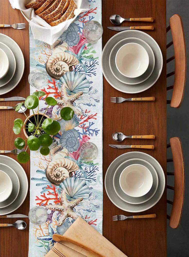 Summer Marine Coral Linen Table Runner Dresser Scarf Decor Farmhouse Kitchen Dining Table Runner Holiday Party Decorations