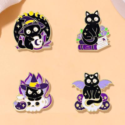 Creative Magician Cat Brooch for Kids Students Metal Badge Backpack Clothing Accessories Halloween Gifts