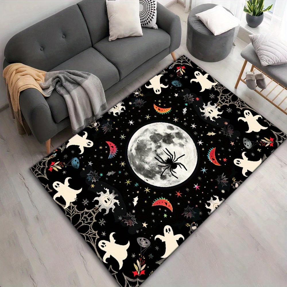 Halloween Ghost Printed Area Rug: Spider & Moon Pattern Carpet for Easy Cleaning and Durable Use in Bedrooms and Living Spaces