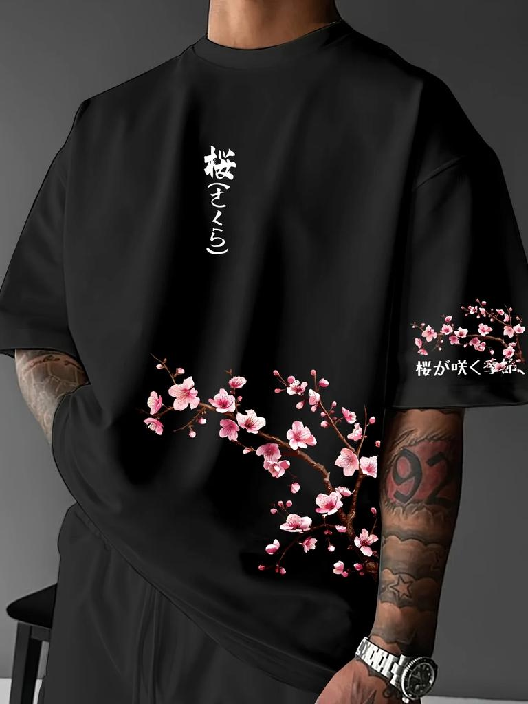 Loose Oversized Male Cotton Tshirt Aesthetic Oriental Sakura Multi Part Front Sleeve Print Black Daily Soft Tees