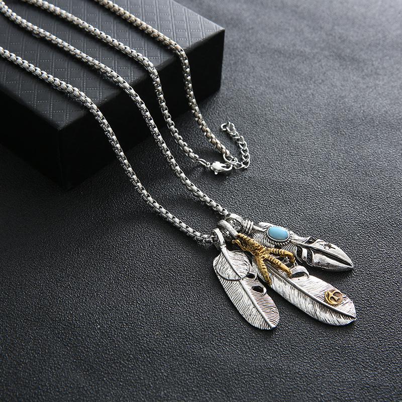 Takahashi Feather Style Necklace: European & American Hip-Hop Silver Alloy Pendant.