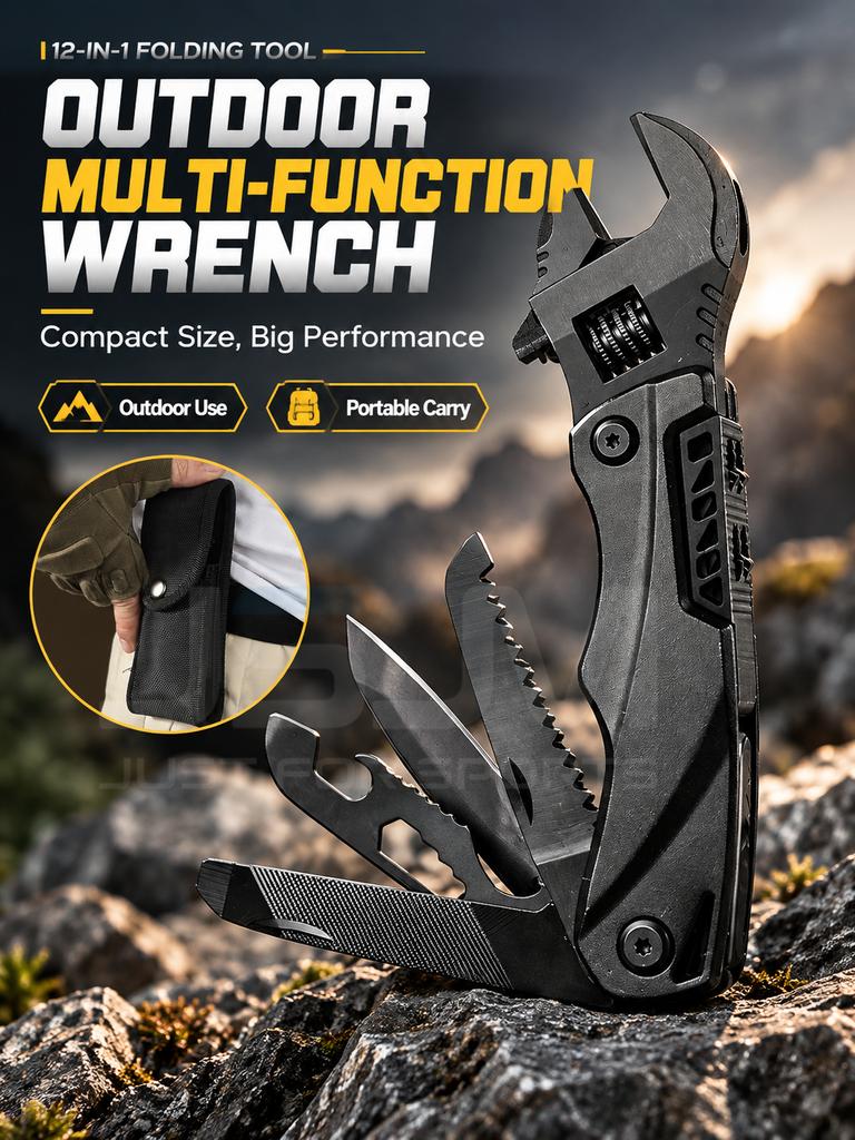 12 in 1 Multitool Adjustable Wrench Folding Pocket Tool with Knife Saw Screwdriver Bottle Opener for Camping DIY Outdoor Repair