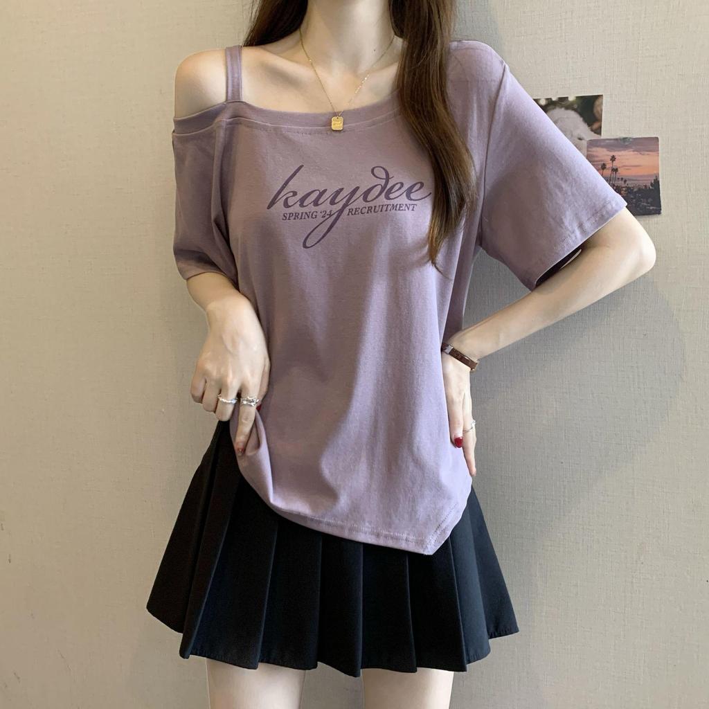 2025 Spring/Summer Plus Size Off-Shoulder Letter Print T-shirt - Women's Trendy Loose Slimming Fashion