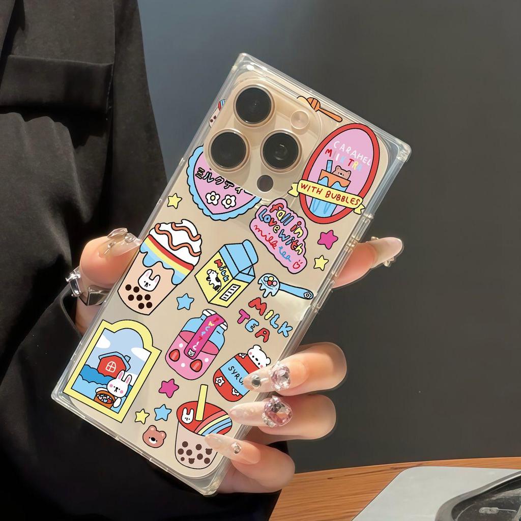 Clear Square Back Tube Case Protection For iPhone 14 Pro Max 12 13 16 ProMax 15 Plus 11 Anti-Oxygen,Milk Tea Pattern Casing