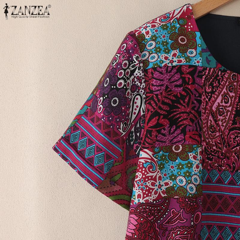 ZANZEA Women Ethnic Print Patchwork Summer Short Sleeve Cotton Tee Shirt Tops
