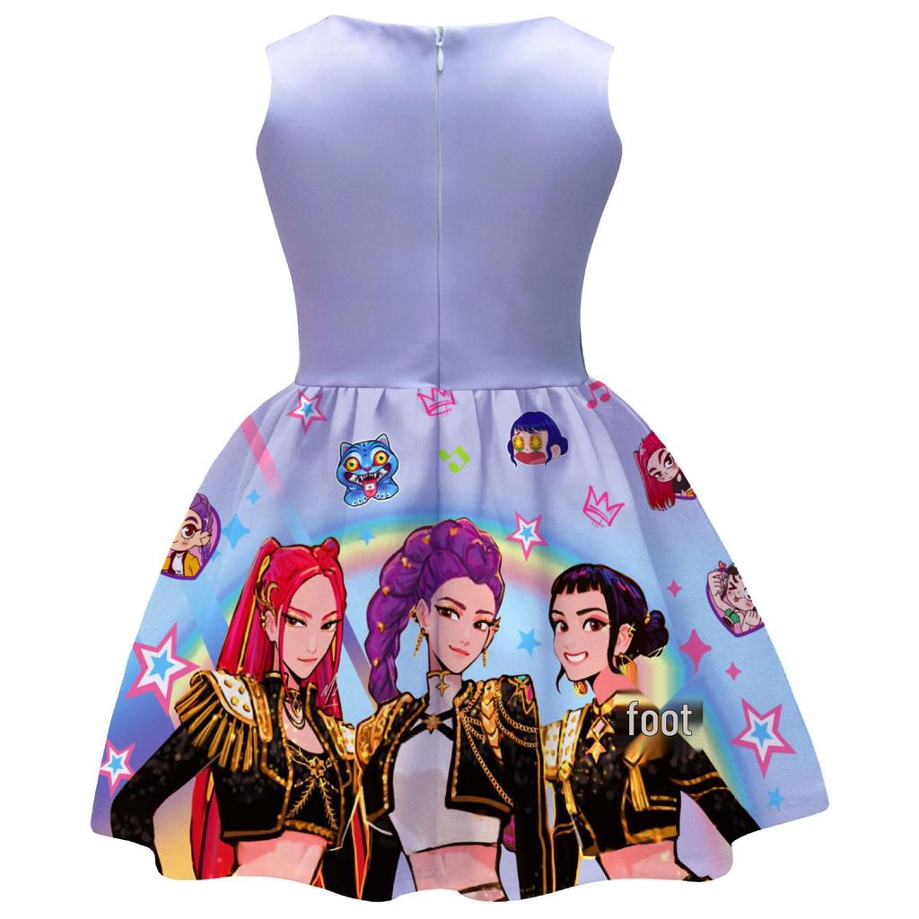 **Demon Hunter Girl Group Printed Bowknot Dress – Children's Singing & Dancing Formal Wear**