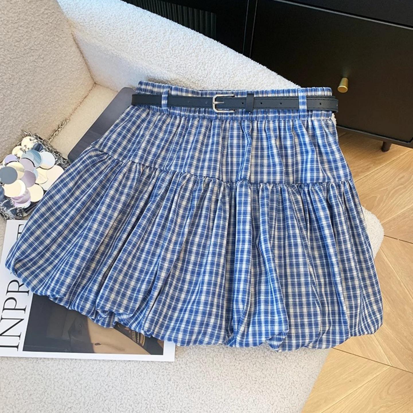 Plus Size Retro Plaid A-Line Skirt: Sweet Autumn Korean Style Fluffy Short Skirt S