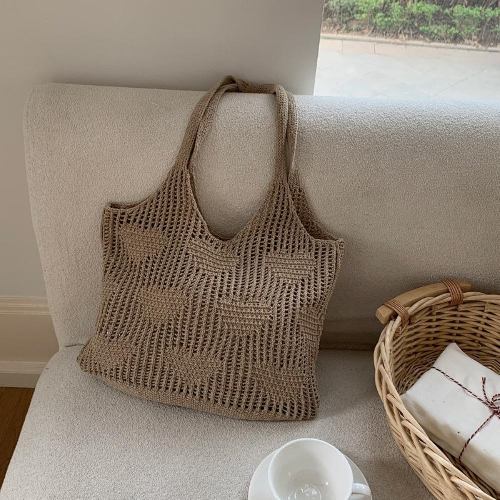 Love Heart Knitted Shoulder Bag Hollow Out Reusable Grocery Bag Portable Woven Shopping Bag  Girl