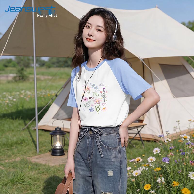 Jeanswest Women s Color-Block Floral Cotton Raglan T-Shirt M