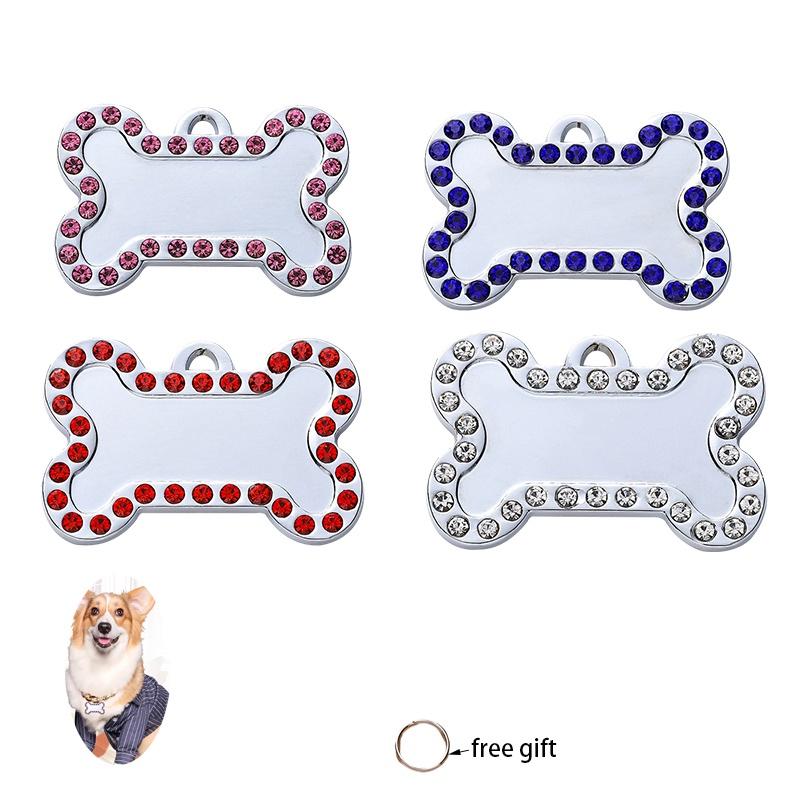 Pet Tag With Bone Shape And Sparkling Diamond Edge Stylish Metal Tag For Dogs