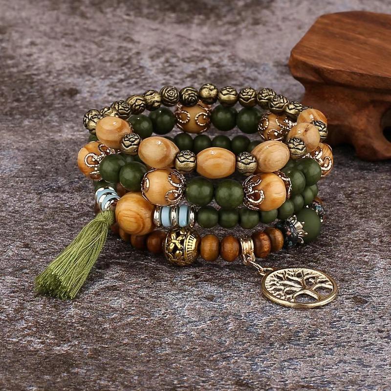 Boho Multi-layer Wood Beaded Bracelet Stretch Bracelet Handkerchief Decoration European and American Jewelry