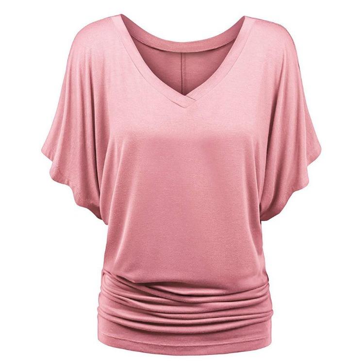 Plus Size Women Fashion Solid T Shirt Loose V Neck Batwing Sleeve Fold Hem