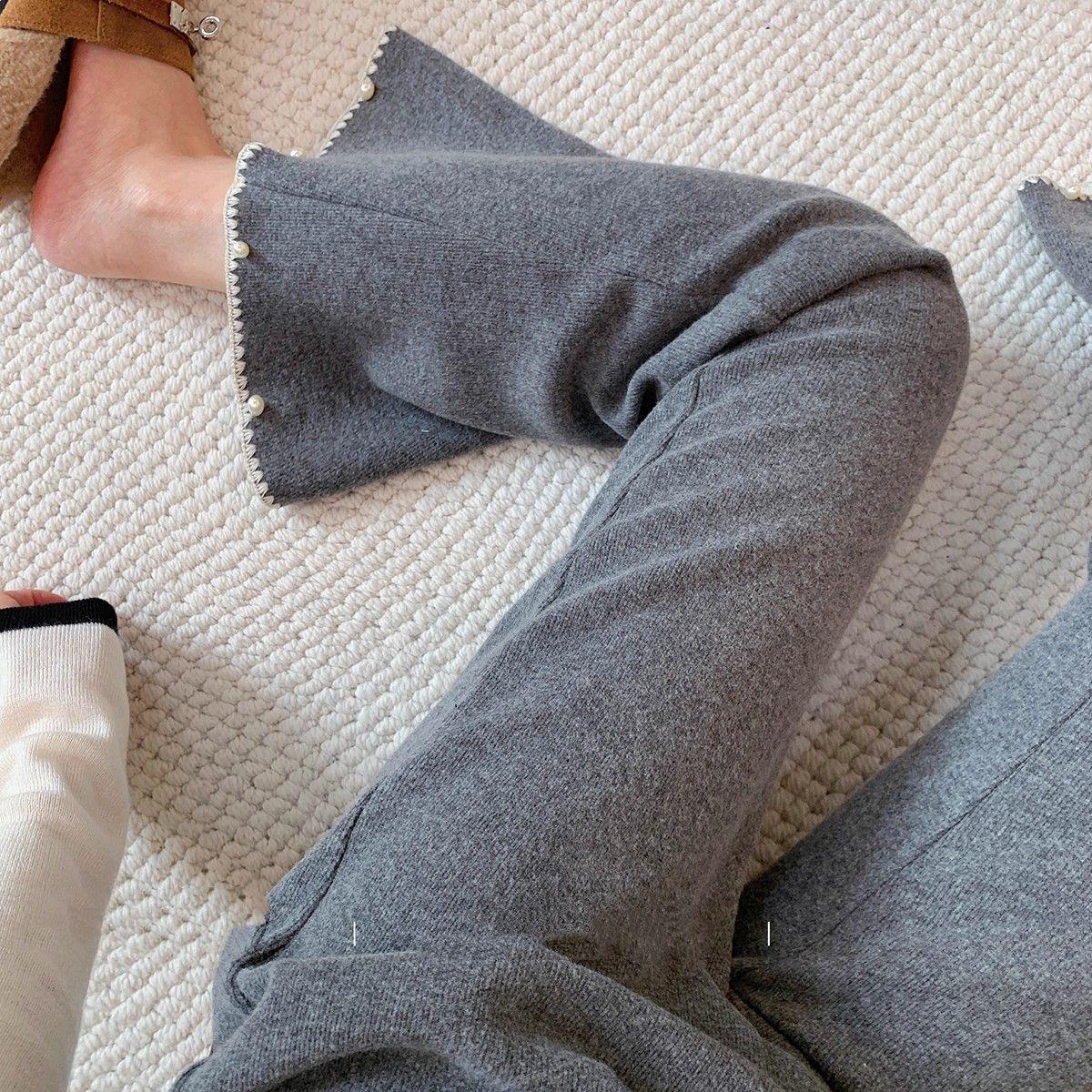 

Women s High-Waisted Gray Beaded Embroidered Flare Hem Pants for Autumn/Winter - Slimming and Stylish. M [Recommended 80-100 lbs]