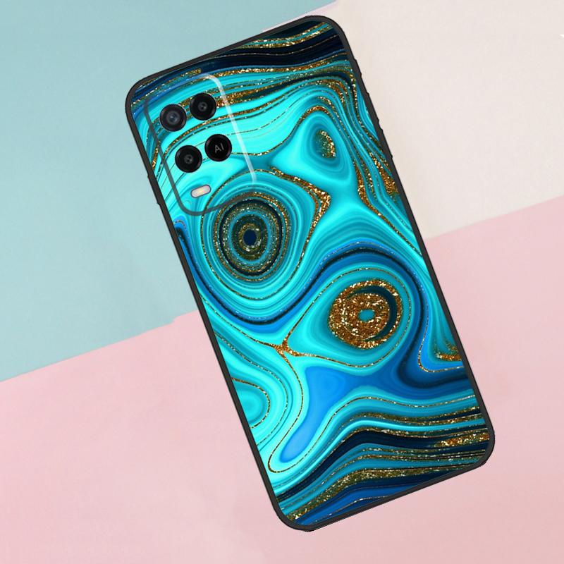 Gold Indigo Faux Malachite For Oppo A40 A60 A80 A18 A38 A58 A78 A98 A79 A16 A76 A96 A15 A74 A94 A54 A77 A17 Phone Case