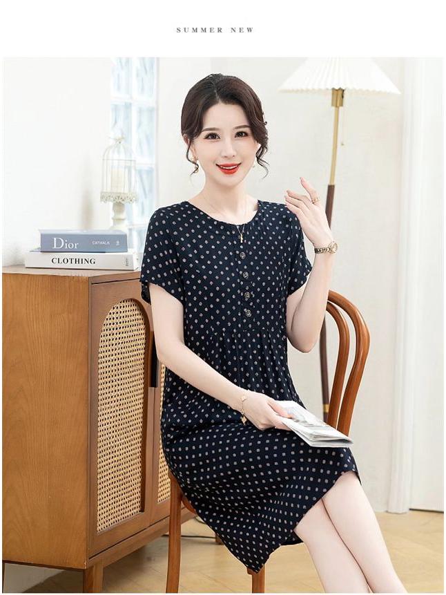 Summer Cotton Silk Dress for Middle-Aged & Elderly Women - Plus Size, Mid-Length, Short Sleeve, Loose Fit for 50s & 60s Mothers