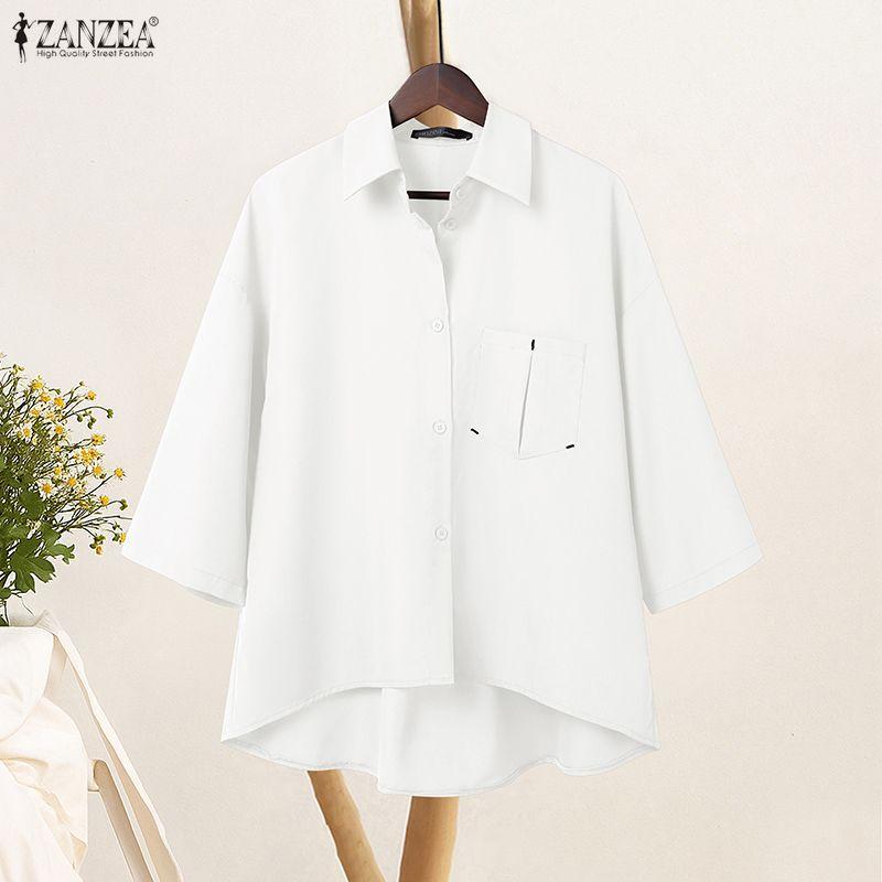 ZANZEA Dame Casual Nedslått Krage Løs 3/4 Ermet Bluse