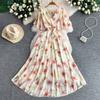 Women's V Neck Floral Chiffon Maxi Dress High Waist A-Line Casual Dress for Summer Vacation