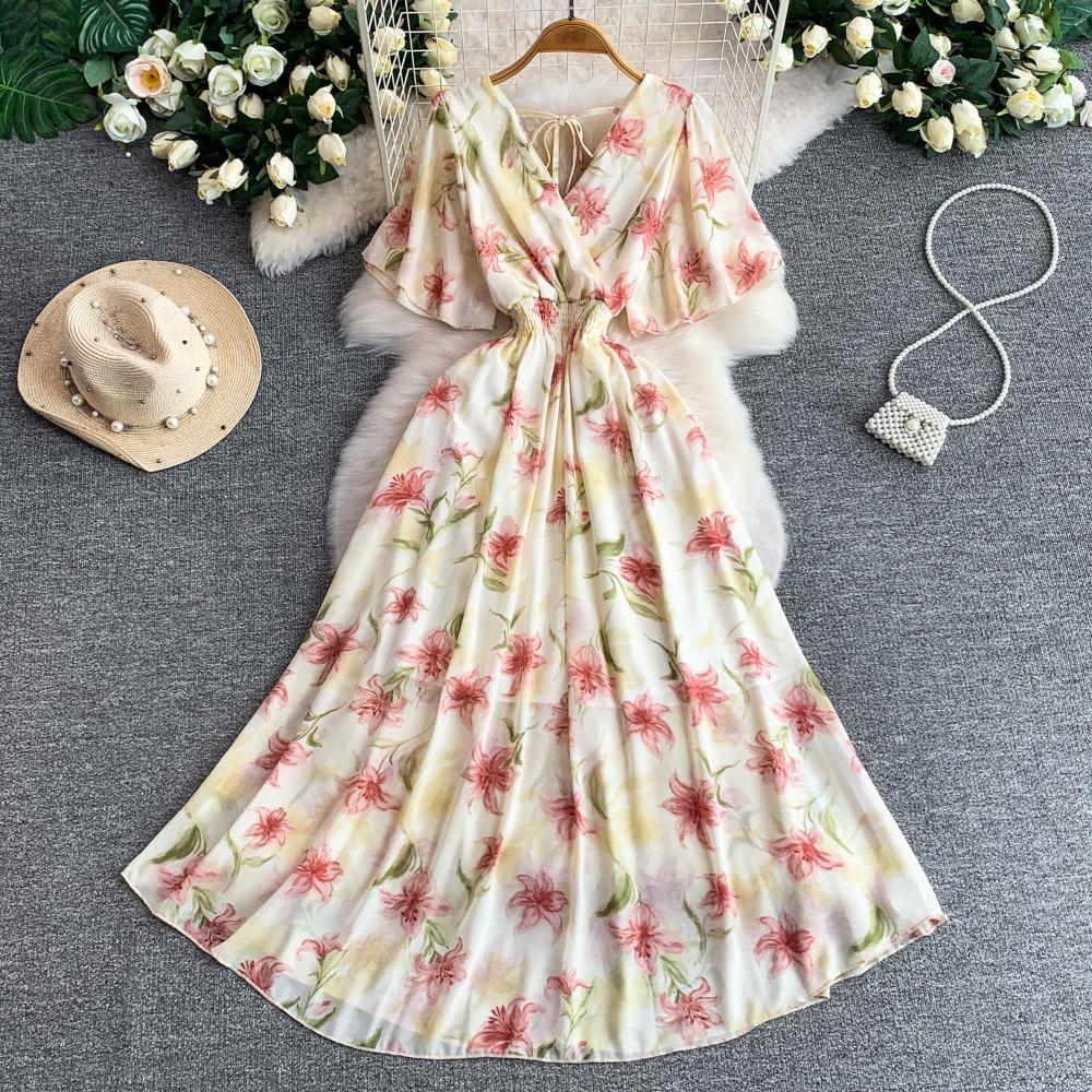 Women's V Neck Floral Chiffon Maxi Dress High Waist A-Line Casual Dress for Summer Vacation