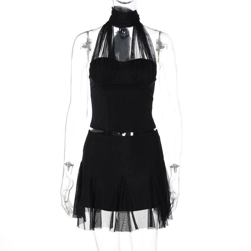 

Shemoda Mesh Patchwork Fashion Suit Women s Deep V Neck Halterneck Vest Tops Elastic Waist Skirt Two-piece Set Black M