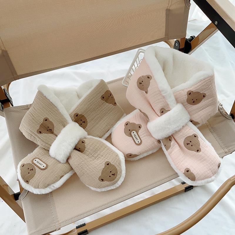 Winter Baby Bear Scarfs Warm Bear Fleece Kids Neck Warmer Cross Children Scarves for Girls Boys Baby Accessories