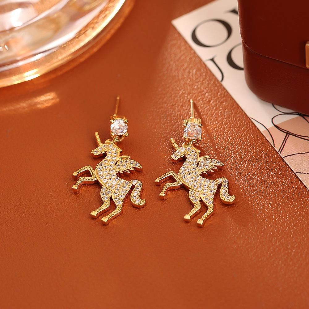 Exquisite Unicorn & Zodiac Horse Diamond Stud Earrings: High-End Chinese Style with Silver Needle