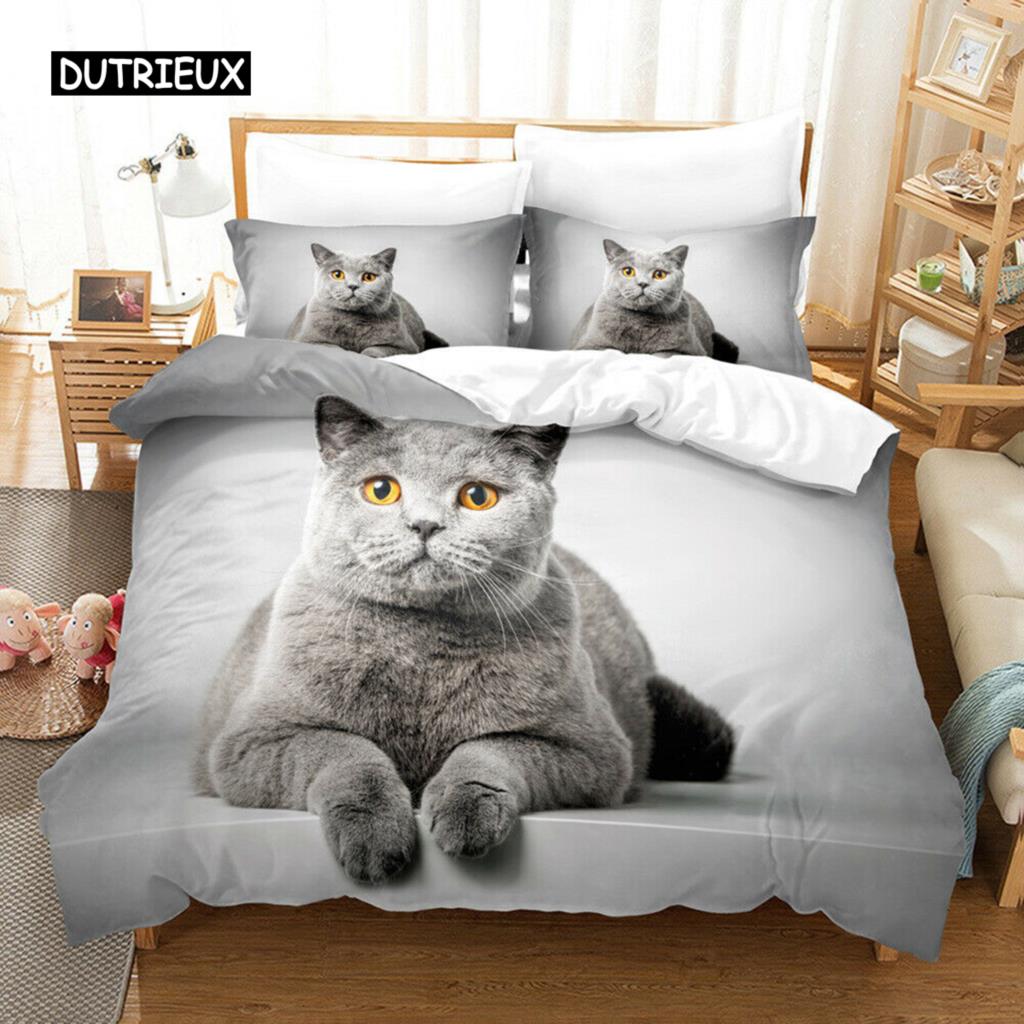 Cat Duvet Cover Set Girls Boys Cute Blue Cat 3D Print Bedding Set Bold Blue Animal Double Queen King Size Polyester Quilt Cover