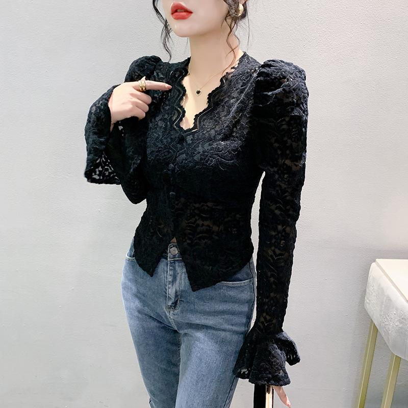 Winter Temperament Puff Sleeve V-neck Lace Shirt with Chest Pad Long Sleeve T-shirt Women's Short Slim and Versatile Base Shirt