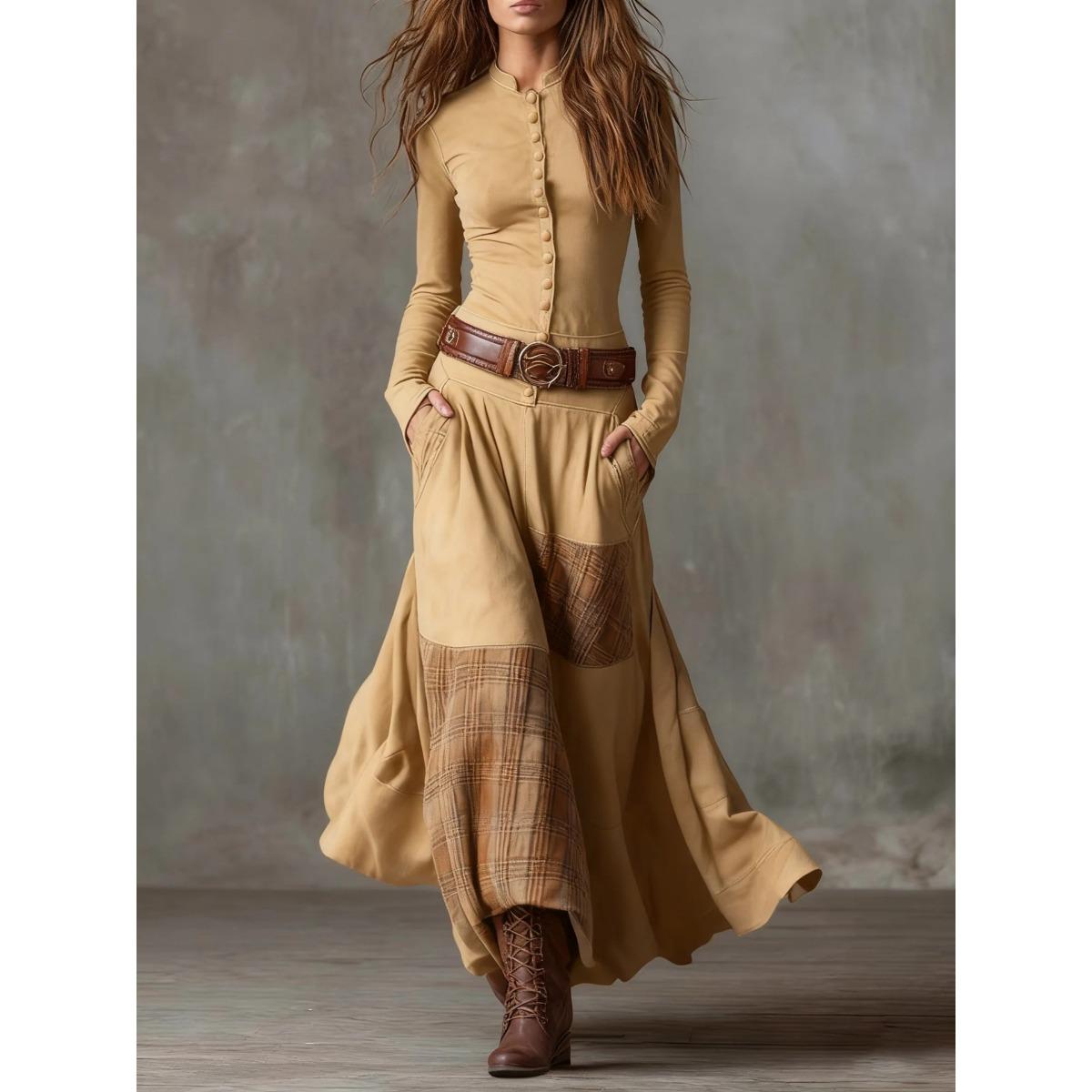 

European American Women s Dress, Vintage Patchwork High Waist Wide Leg Loose Long Sleeve Maxi Dress, Elastic Waist Straight Long Dress XXXL жовтий