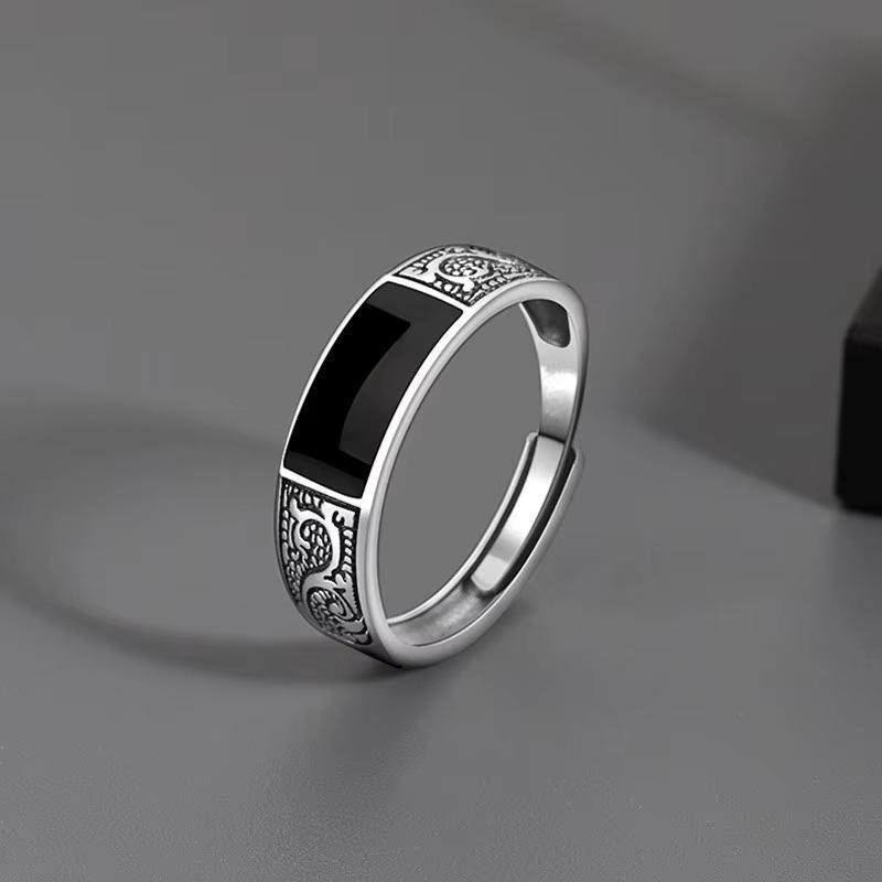 Male Trendy Ins Personalized Open Ring Fashion Simple Ethnic Style Black Men's Rectangular Retro Dragon