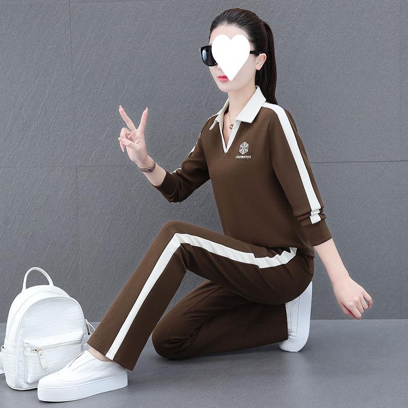 Fashionable Lapel Sweatshirt Suit for Women Spring and Autumn Thin Mommy Wear Red Casual Sportswear Two-piece Set