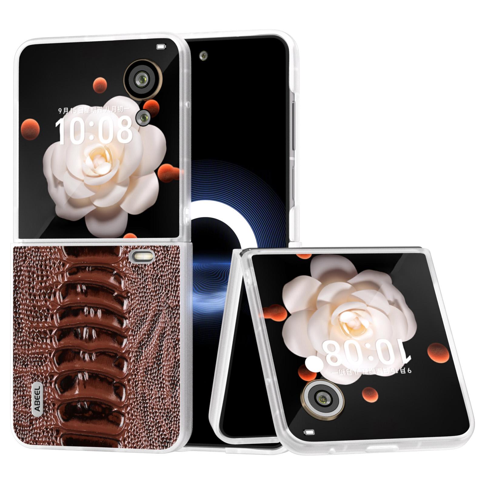 

For Honor Magic V Flip 5G Case Matte Frame Genuine Cow Leather+PC Phone Cover Coffee