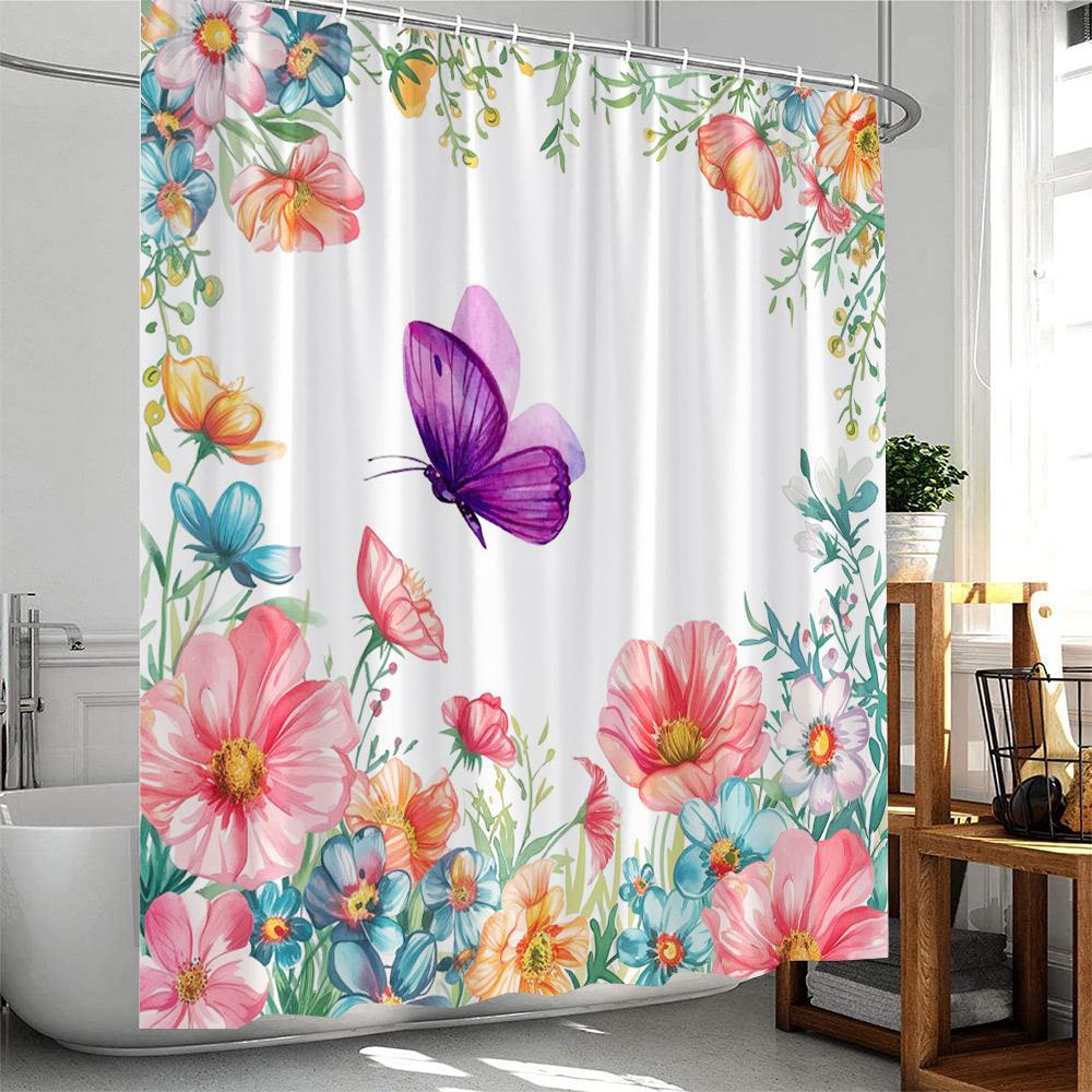 Butterfly Floral Shower Curtain Rose Flowers Plant Botanical Bathroom Decor Elegant Polyester Fabric Bath Curtain with Hook