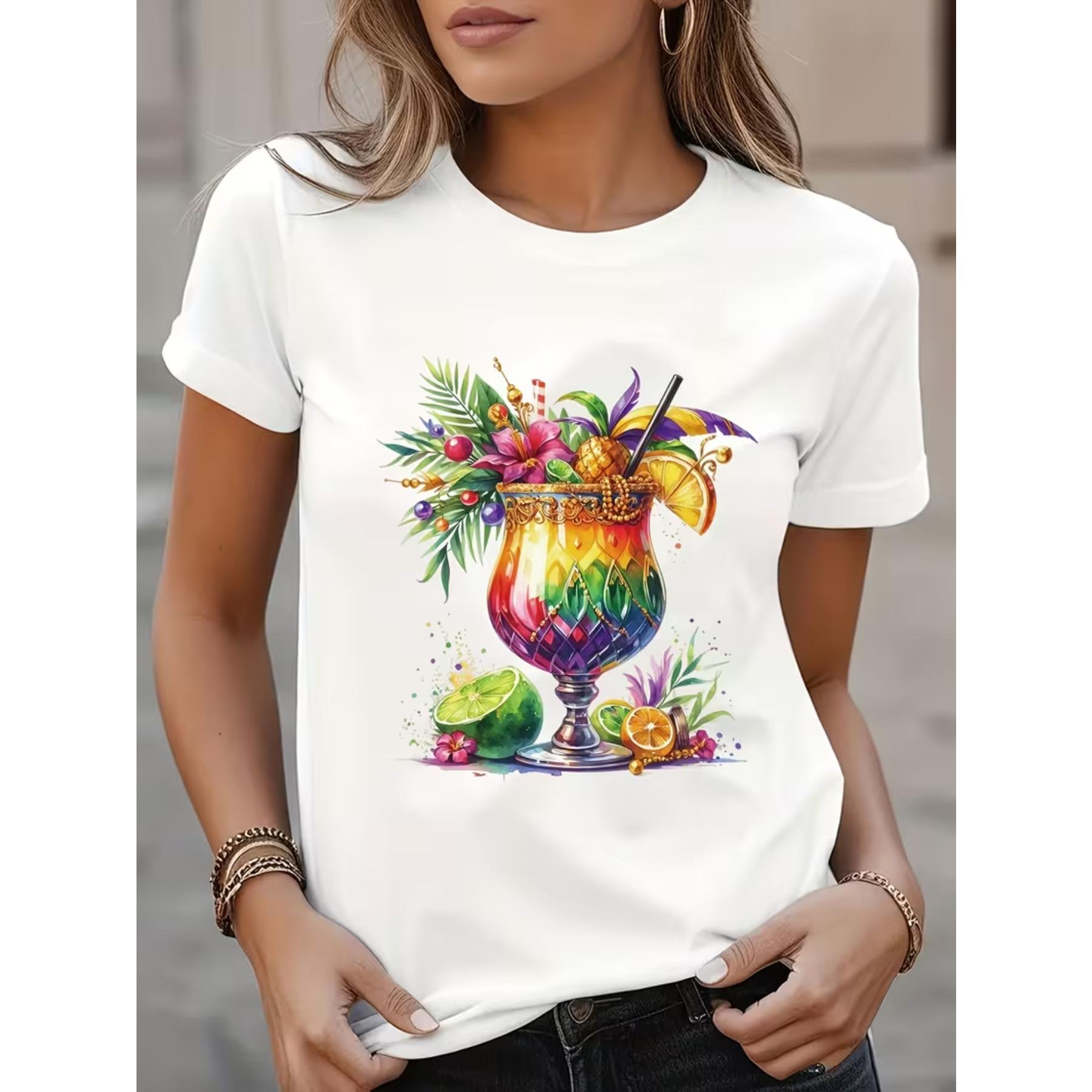 

Women s Casual Short Sleeve T-Shirt - Tropical Cocktail Geometric Print Semi-Sheer Blend Top S белый