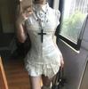 VAYLA Y2k Vintage Satin Lace Slim 2 Piece Set Women Chic Short Sleeve Shirt + Puffy Low Rise Bud Culottes Aesthetic Grunge Sexy Outfit