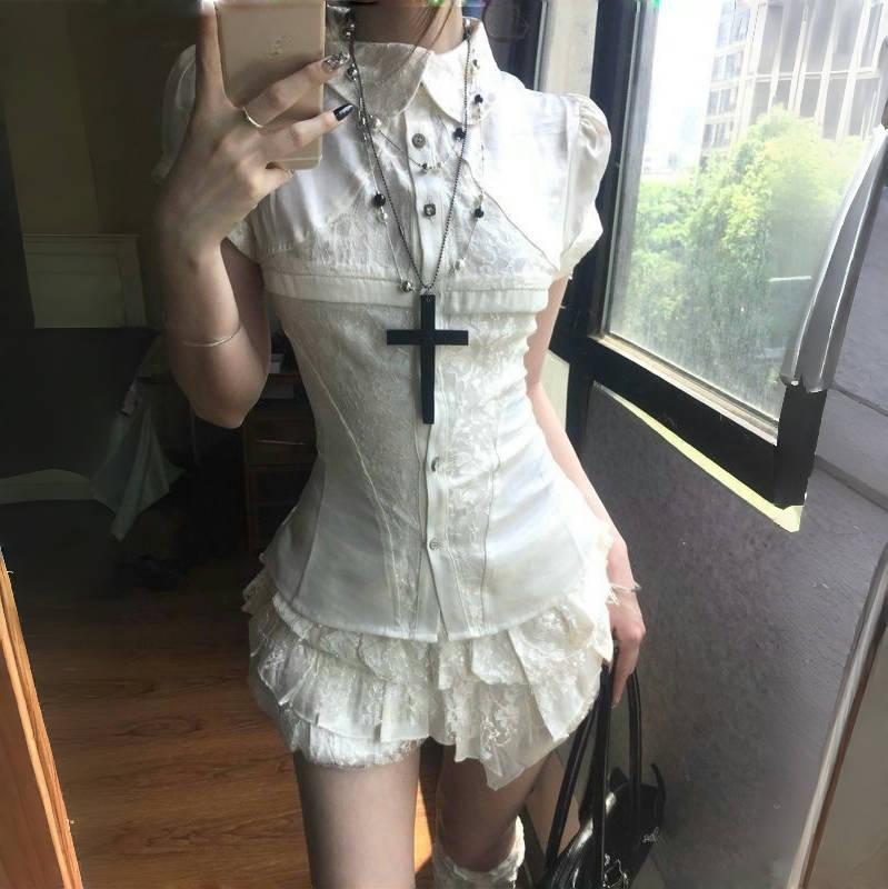 VAYLA Y2k Vintage Satin Lace Slim 2 Piece Set Women Chic Short Sleeve Shirt + Puffy Low Rise Bud Culottes Aesthetic Grunge Sexy Outfit
