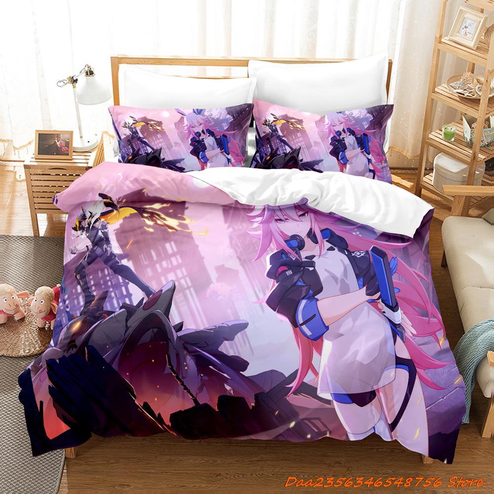 Bettdecke Honkai Impact 3 Bettwäsche-Set Cartoon Anime Dreiteiliges Set Erwachsener Kind Schlafzimmer Bettdecken-Sets 3D Kawaii Mädchen Niedlich Damen Bettwäsche-Set