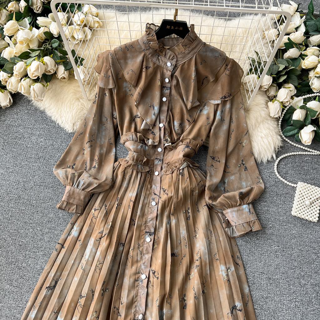 Autumn Women Vintage Printed Pleated Long Dress Female Red/Green/Blue/Yellow Draped Ruffle Single Breasted Maxi Robe Vacation Dresses