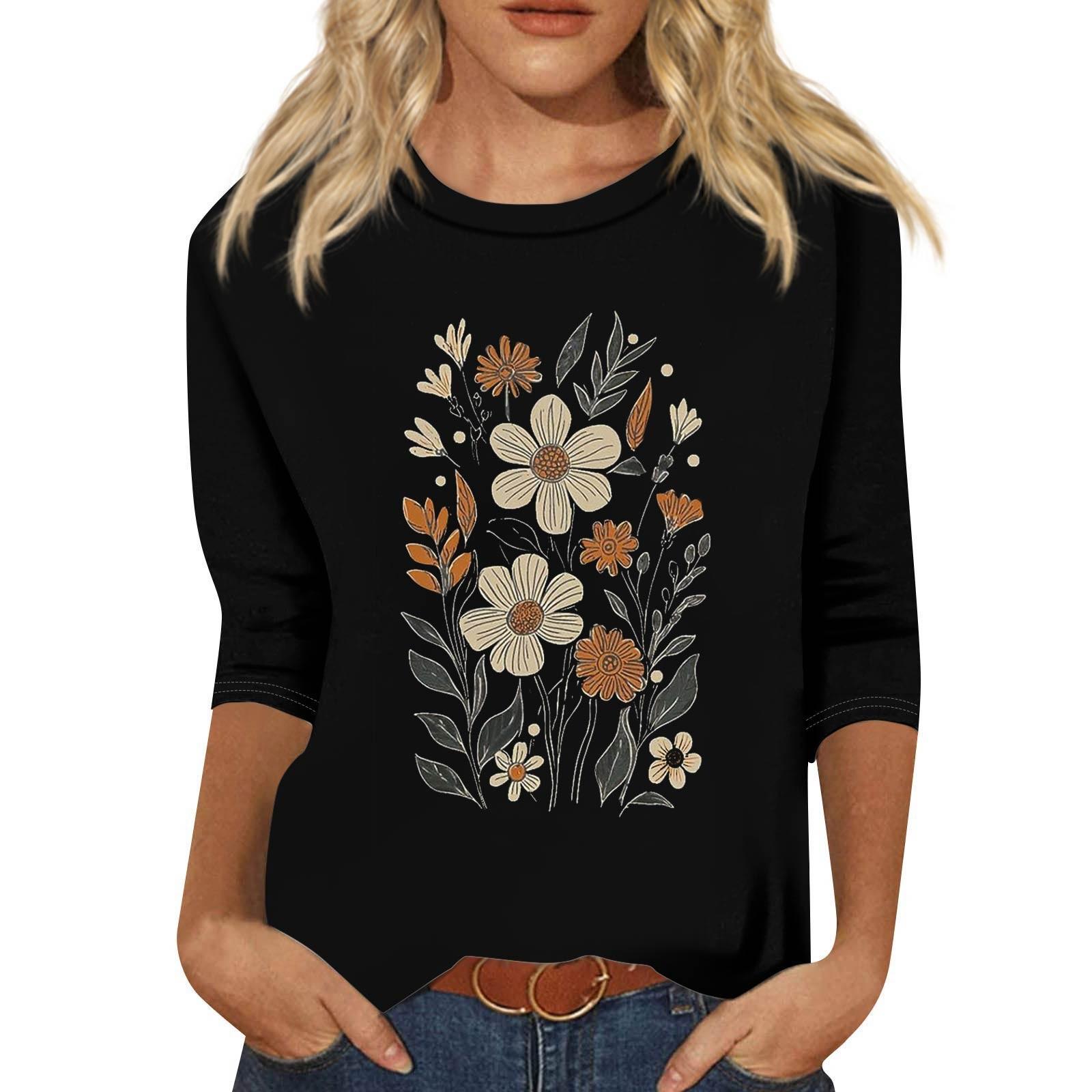 Женский модный свободный повседневный пуловер с принтом и круглым вырезом, рукав три четверти M чёрный