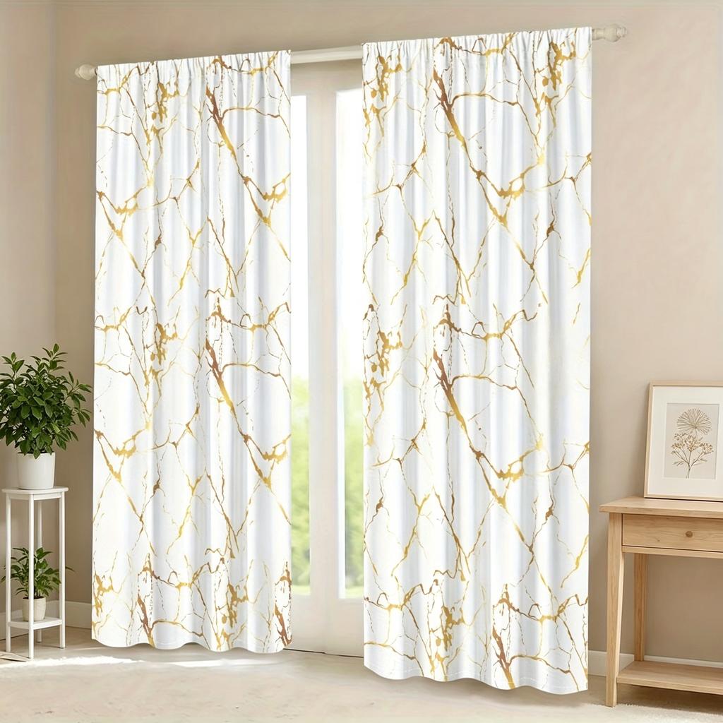 2 Pieces of Light Luxury White Gold Marble-Patterned Curtains, Modern Minimalist Blackout Curtains for Living Room and Bedroom