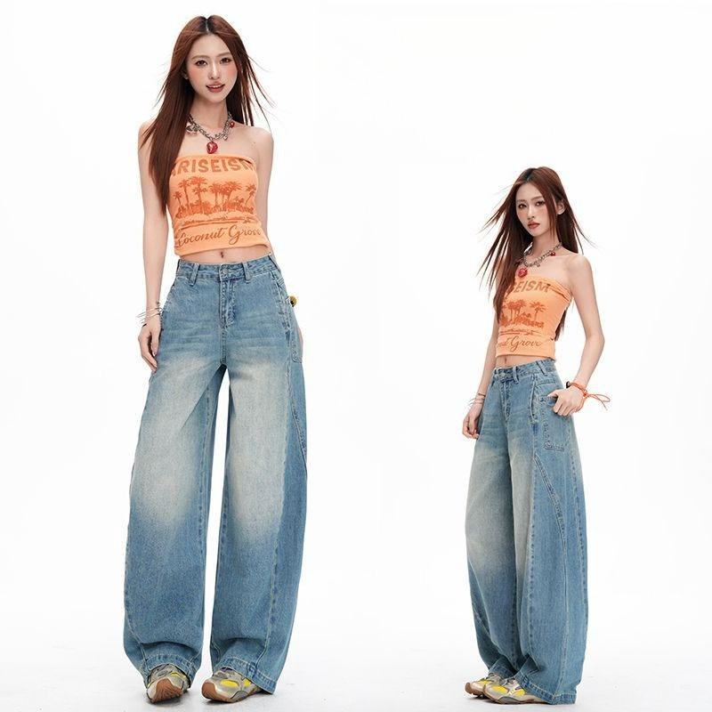 Spring Summer Vintage High Waist Relaxed Wide Leg Saber Cut Denim Pants For Women Casual Pants Oversize Denim Trousers
