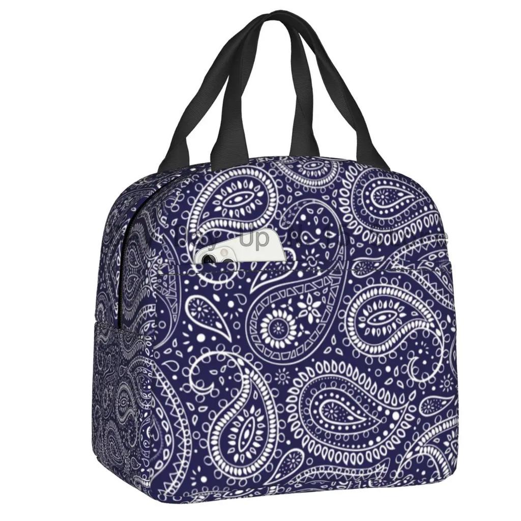 Schwarzweiß Paisley Chicano Bandana Stil Tragbare Lunchbox Damen Wasserdicht Kühler Thermisch Lebensmittel Isoliert Lunchtasche Schule
