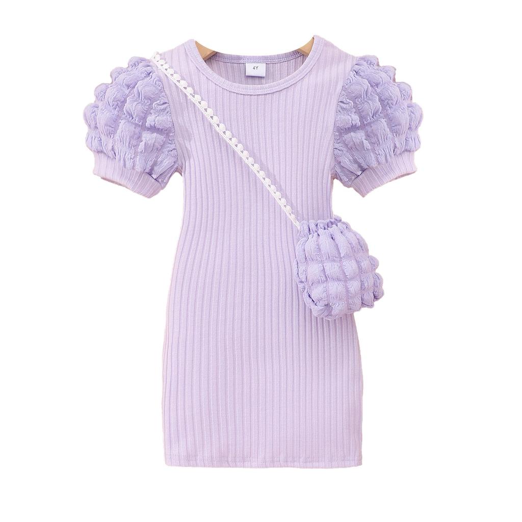 Kids' Lightweight Bubble Dress: Short Sleeve, Round Neck, Solid Color with Bubble Pockets