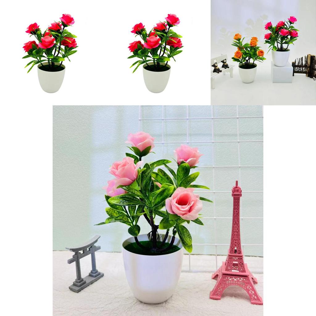 Artificial Seven Rose Desktop Plant With Miniature Greenery For Wedding Decor
