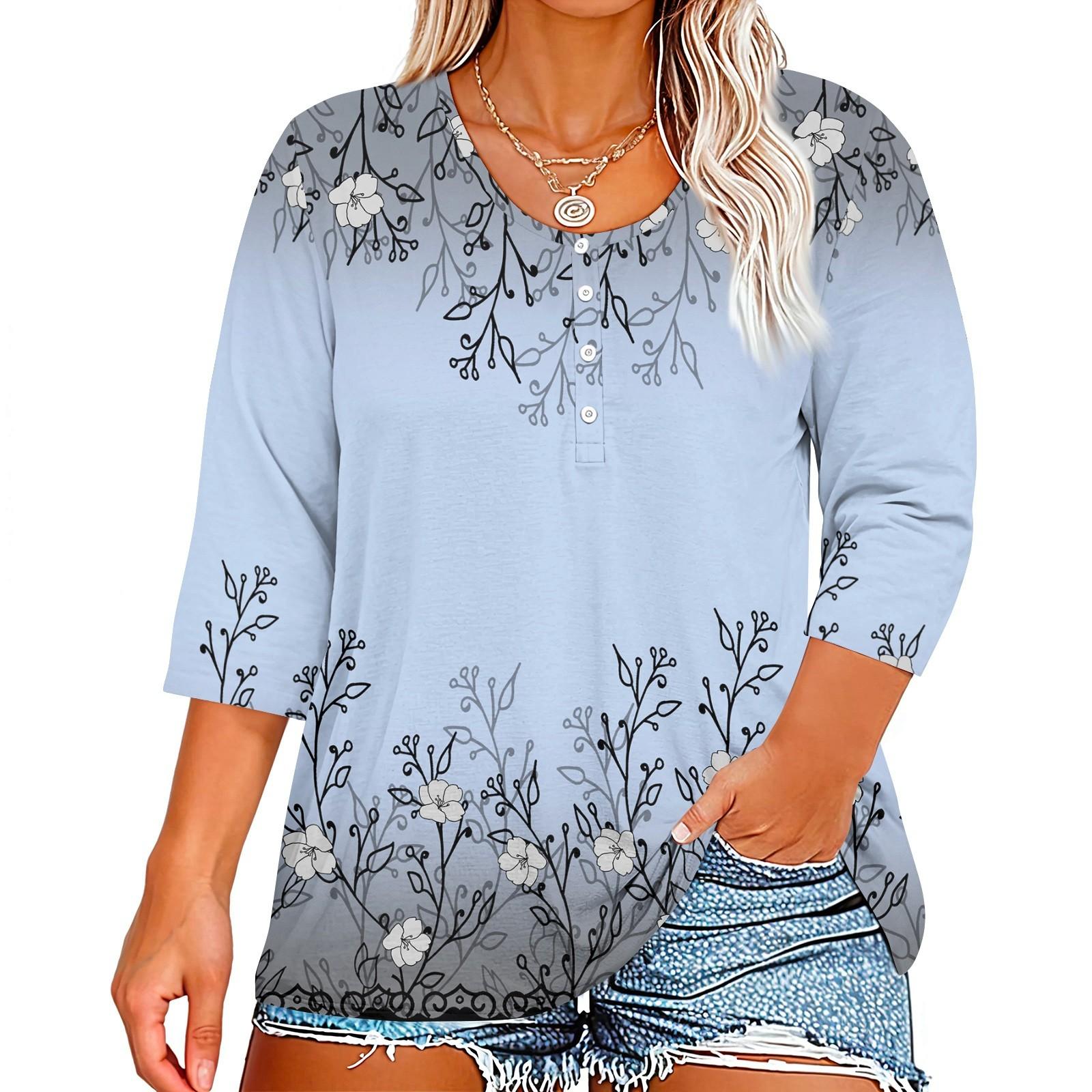 

Рубашки с рукавом 3/4 для женщин, футболки с рисунком и пуговицами, блузки с v-образным вырезом, повседневные базовые топы больших размеров, пуловеры M