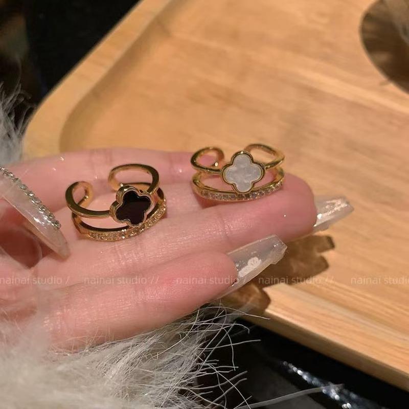 Verstellbarer Damenring mit vierblättrigem Klee und Strasssteinen, zweilagig - Elegant, Vielseitig und Super Glänzend