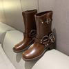 High Quality Ladies Shoes  Autumn Winter New Women's Western Cowboy Boots Retro Brown Belt Buckle Round Head High Boots
