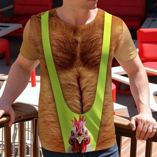 Chest Hair Toupee T-Shirt, Men Funny Muscle Shirt with False Chest Hair, Six Pack Ugly Muscle Tee, Loose Fit Shirt for Bachelor Party Carnivals