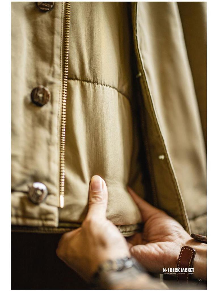 Maden Workwear Men's American Retro N1 Deck Jacket – Warm Stand Collar Cotton Jacket for Autumn and Winter