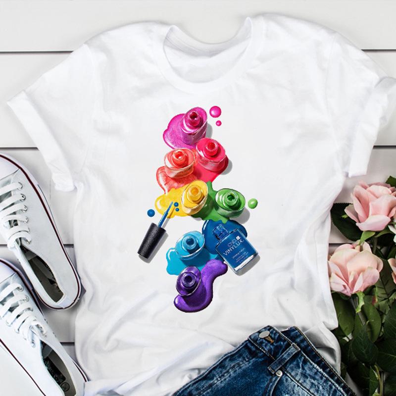 

Женская футболка с ярким принтом нейл-арта - Модный топ с коротким рукавом Small